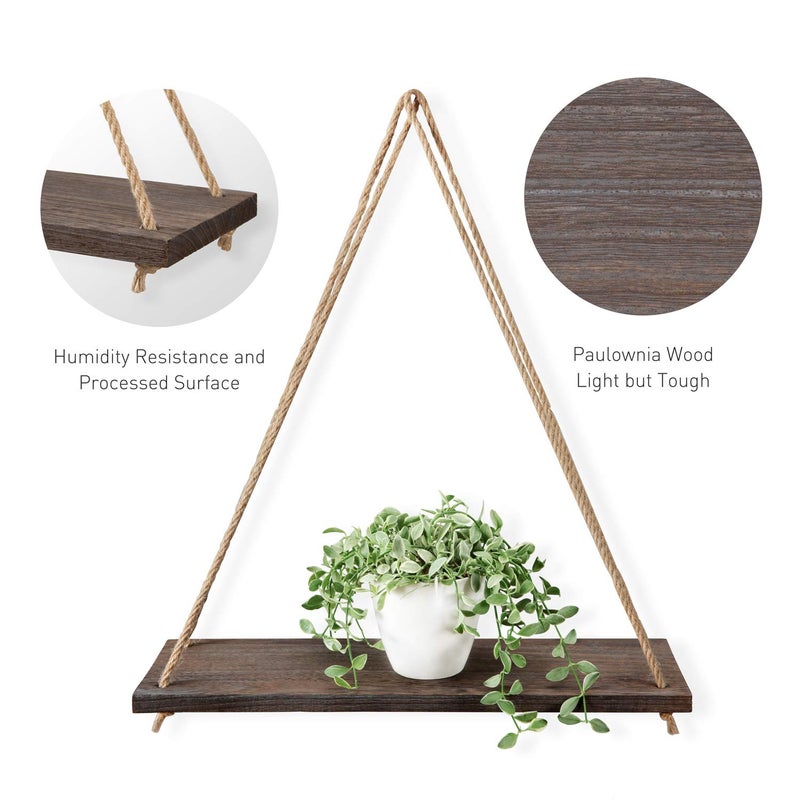 Mkono Wood Hanging Shelves for Wall Boho Decor Swing Rope Rustic Floating Shelf, Set of 3 Wall Display Shelving Home Organizer Rack for Living Room Bedroom Bathroom Kitchen,Brown - Image 5